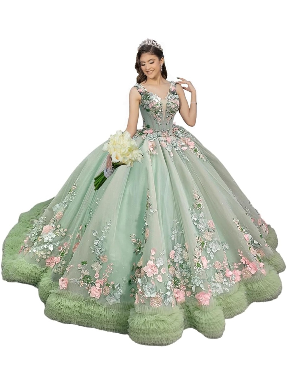 Warm Notices Ruffles Quinceanera Dress Sage Green & Pink Size 8 NWT